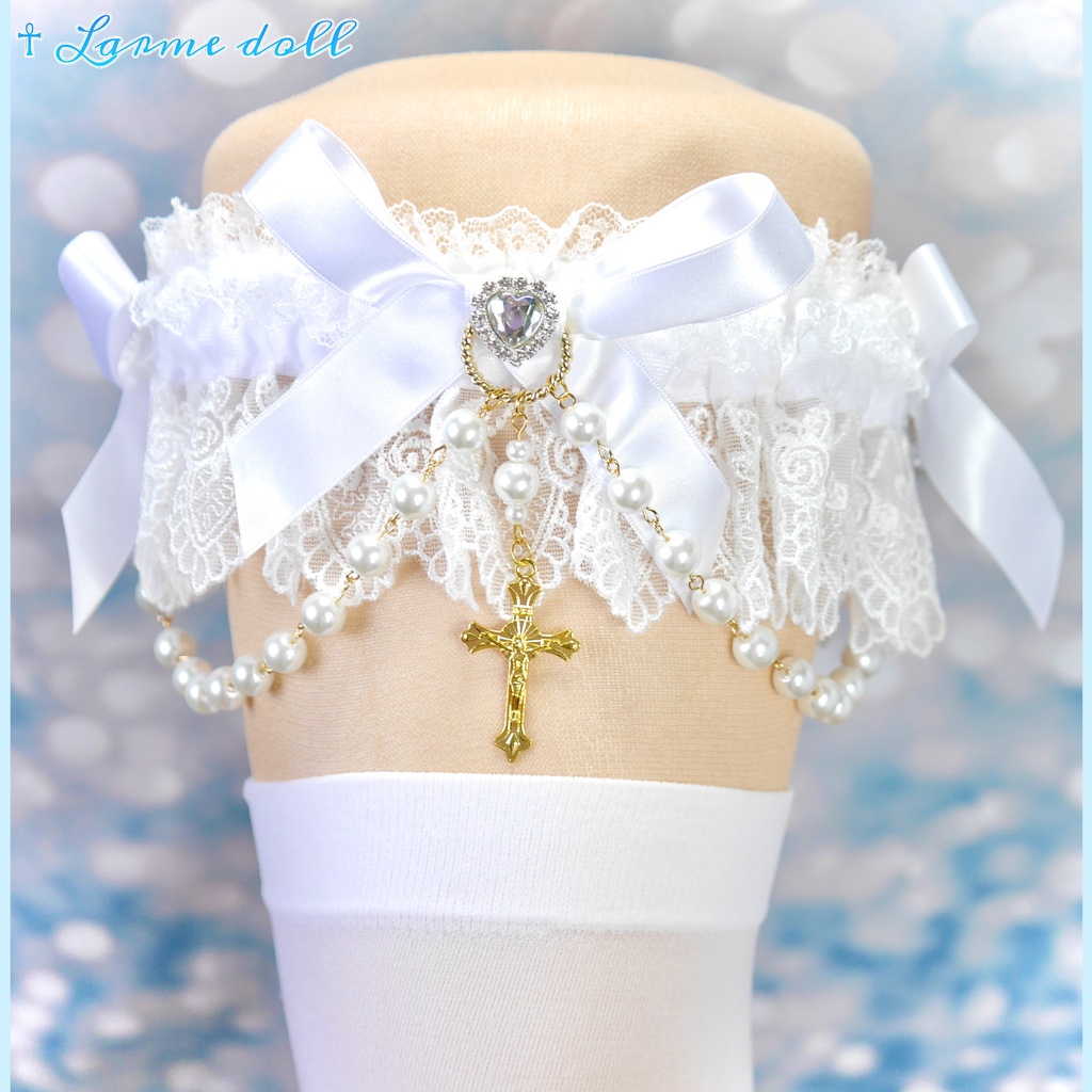 【受注生産】《☥》ロリィタガーターリング ガラス製パールビーズタイプ (白)