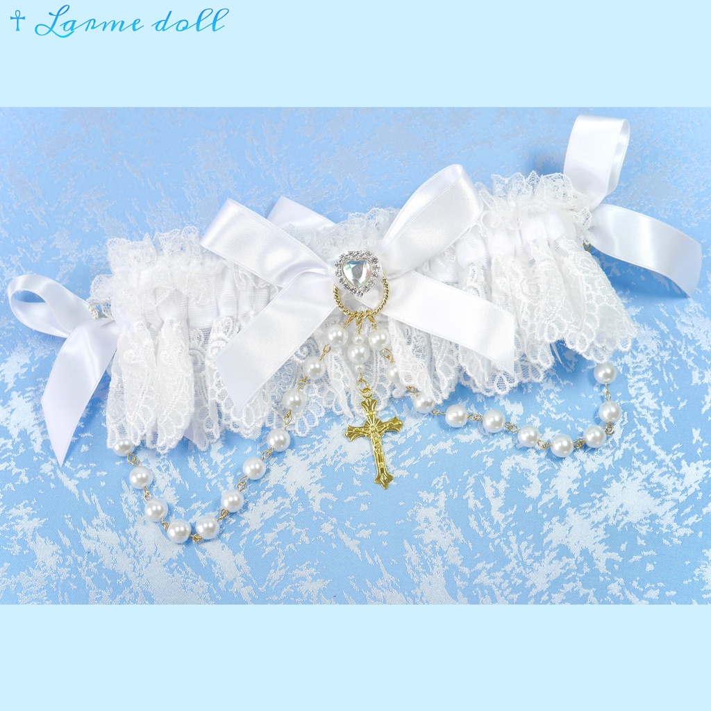 【受注生産】《☥》ロリィタガーターリング ガラス製パールビーズタイプ (白)