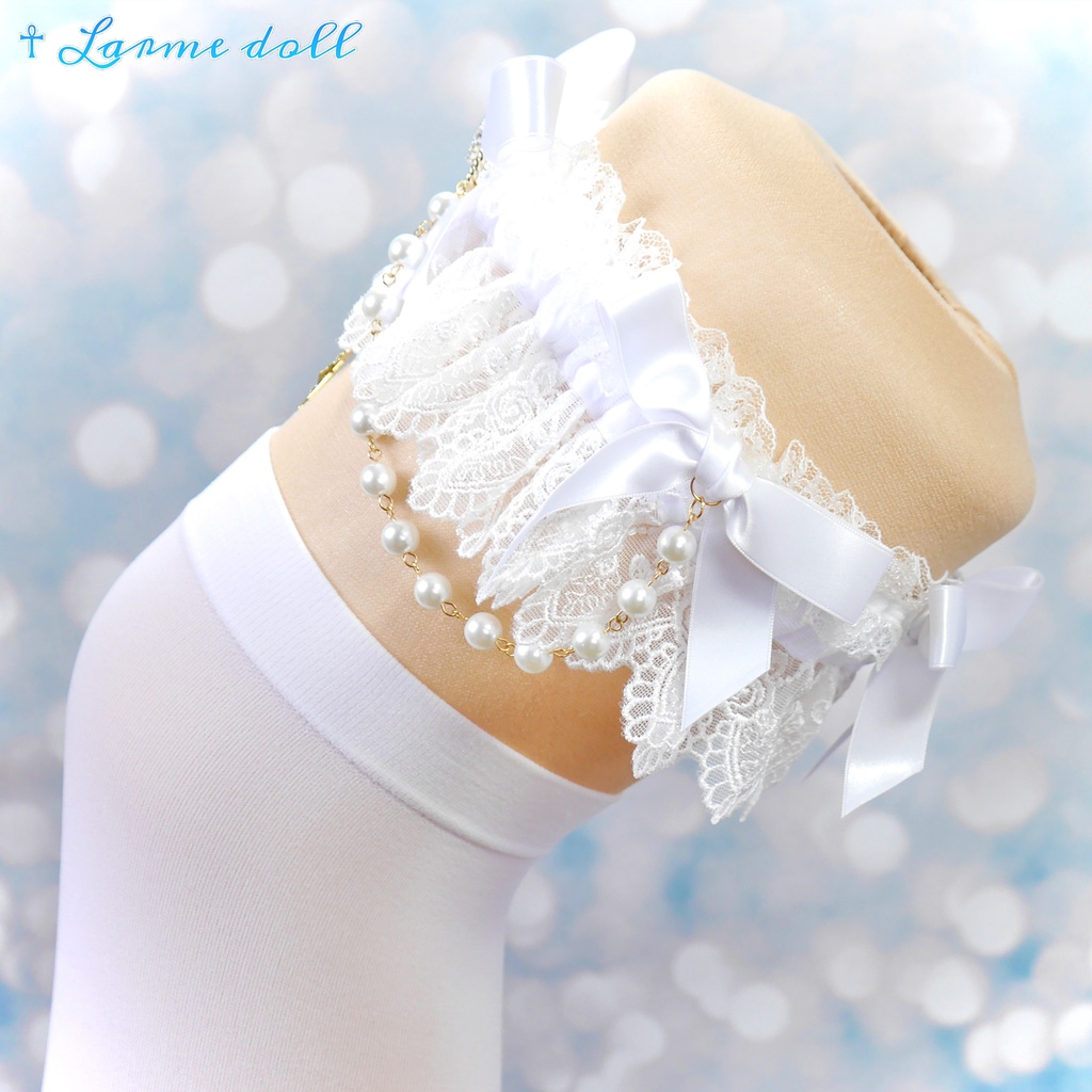 【受注生産】《☥》ロリィタガーターリング ガラス製パールビーズタイプ (白)