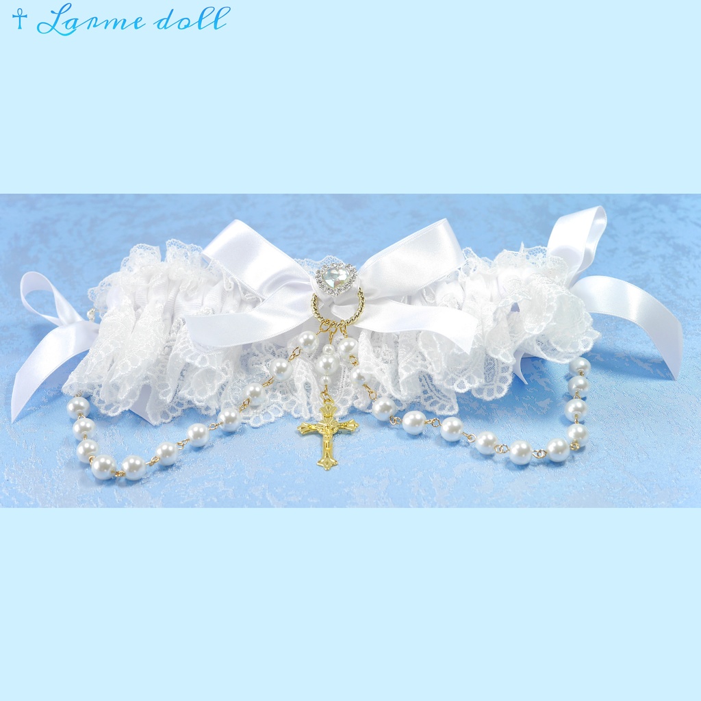 【受注生産】《☥》ロリィタガーターリング ガラス製パールビーズタイプ (白)