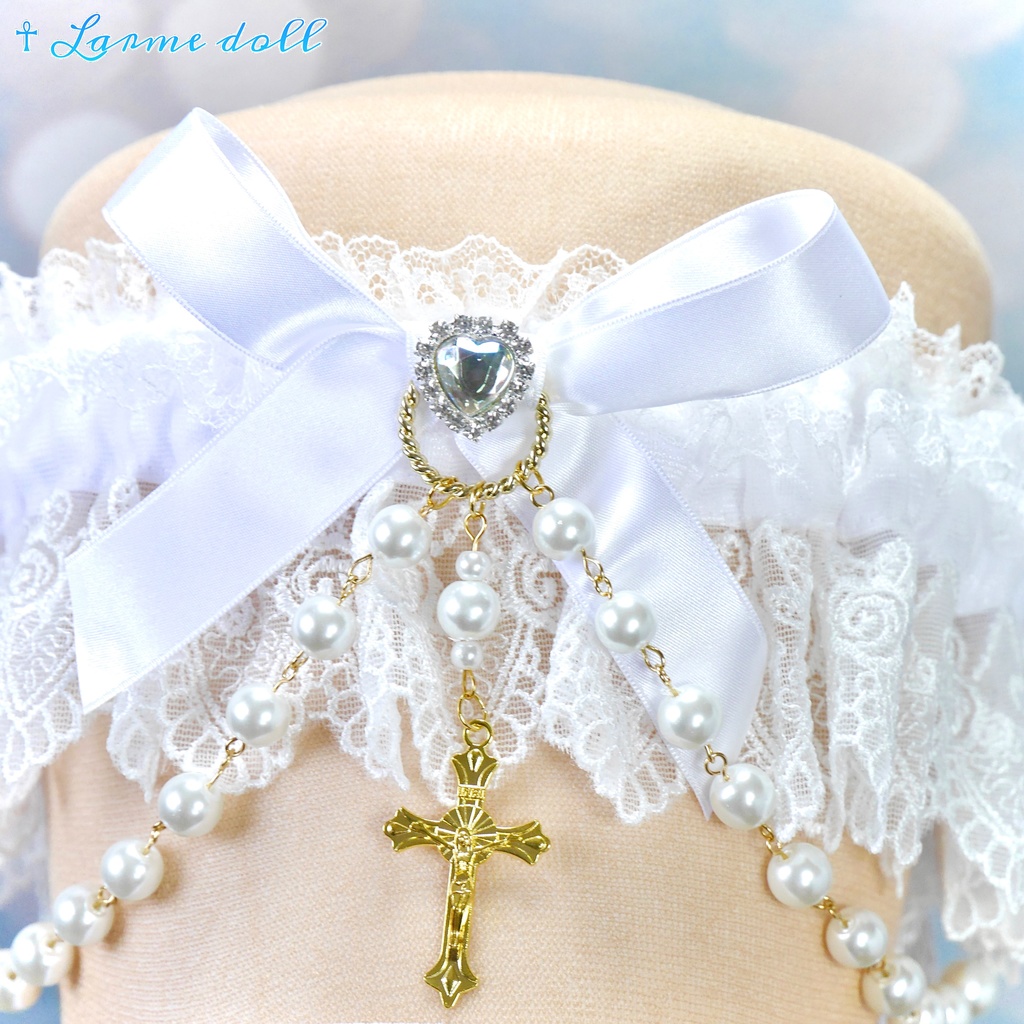 【受注生産】《☥》ロリィタガーターリング ガラス製パールビーズタイプ (白)