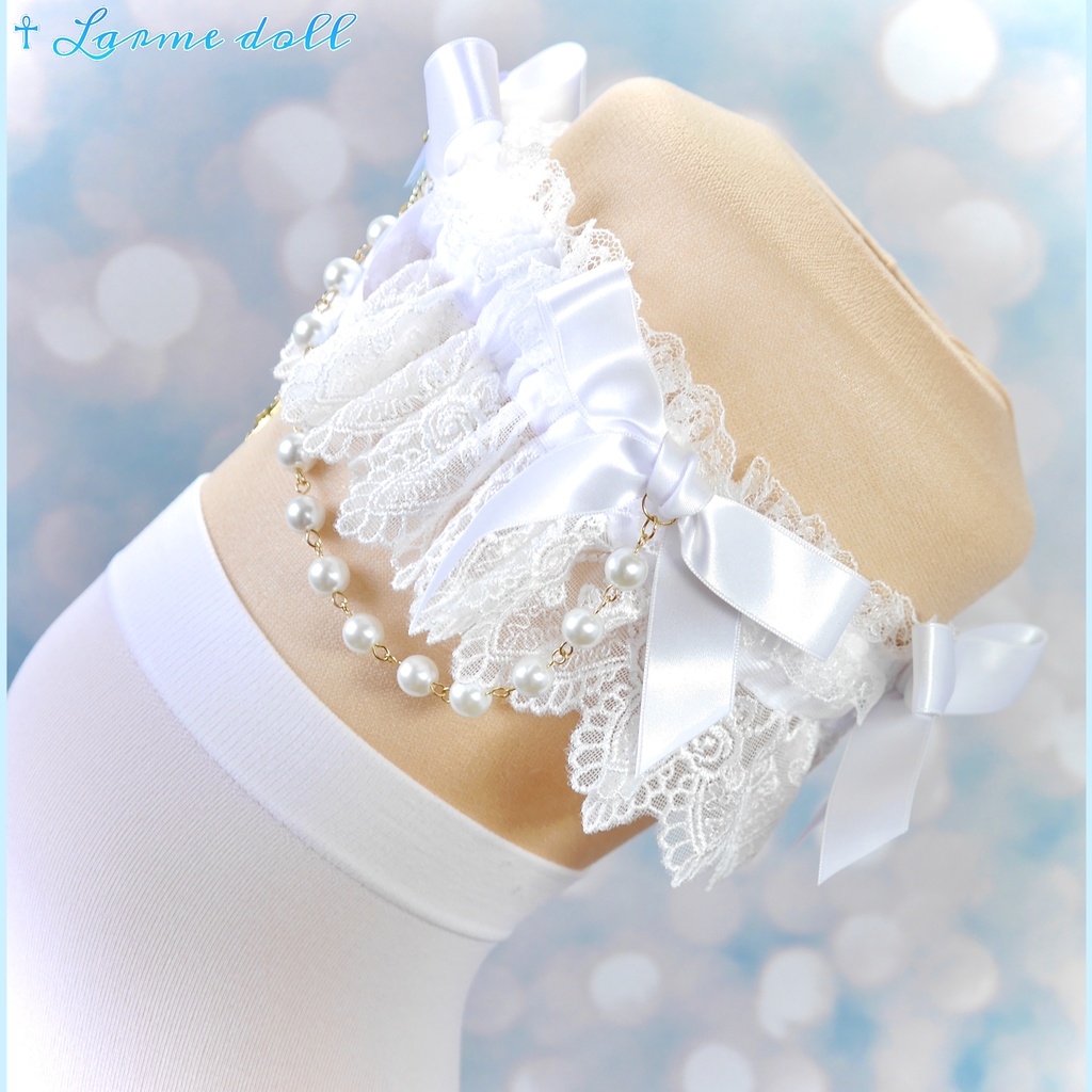 【受注生産】《☥》ロリィタガーターリング ガラス製パールビーズタイプ (白)