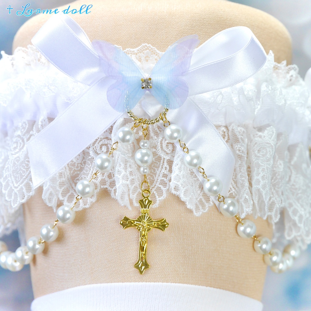 【受注生産】《☥》ロリィタガーターリング ガラス製パールビーズタイプ (白)