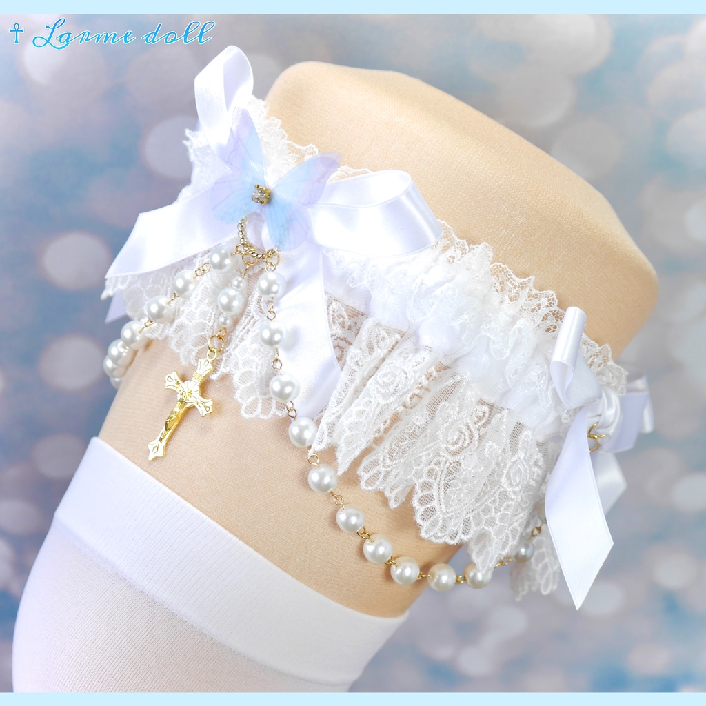 【受注生産】《☥》ロリィタガーターリング ガラス製パールビーズタイプ (白)