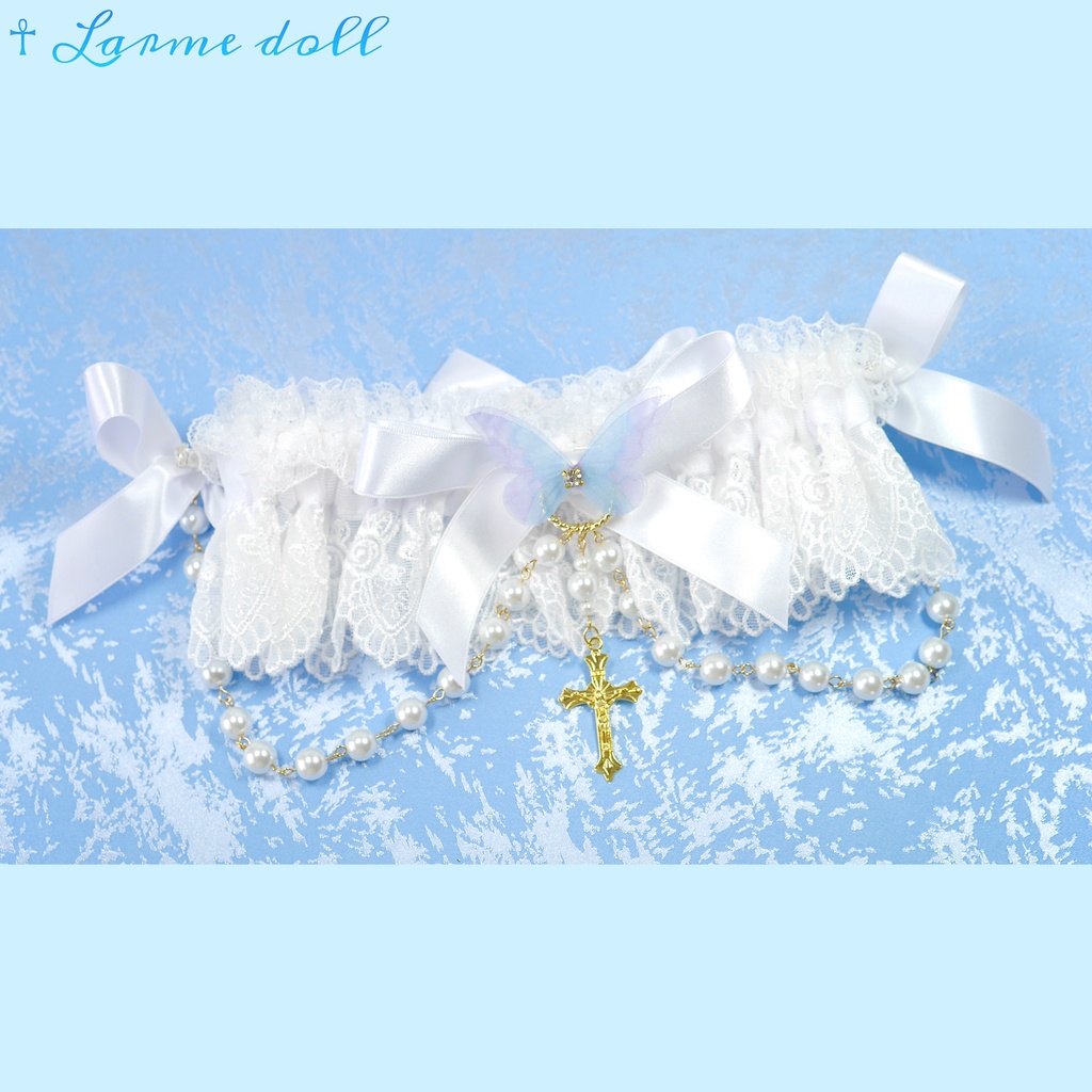 【受注生産】《☥》ロリィタガーターリング ガラス製パールビーズタイプ (白)