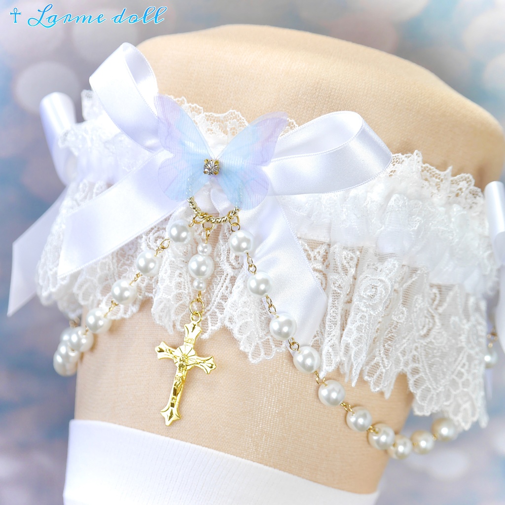 【受注生産】《☥》ロリィタガーターリング ガラス製パールビーズタイプ (白)