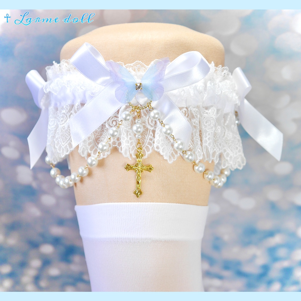 【受注生産】《☥》ロリィタガーターリング ガラス製パールビーズタイプ (白)