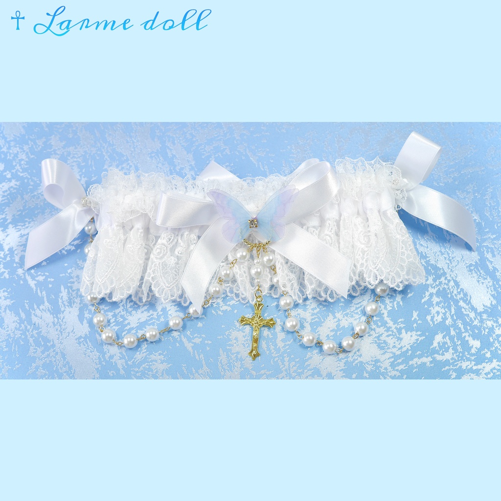 【受注生産】《☥》ロリィタガーターリング ガラス製パールビーズタイプ (白)