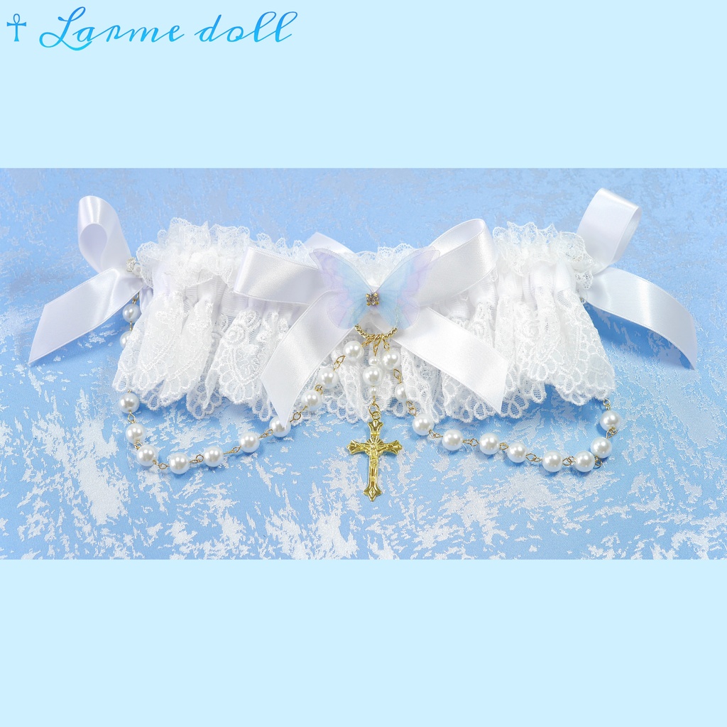 【受注生産】《☥》ロリィタガーターリング ガラス製パールビーズタイプ (白)