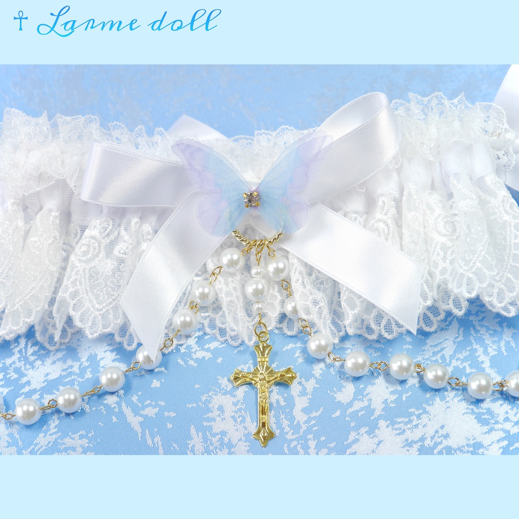 【受注生産】《☥》ロリィタガーターリング ガラス製パールビーズタイプ (白)