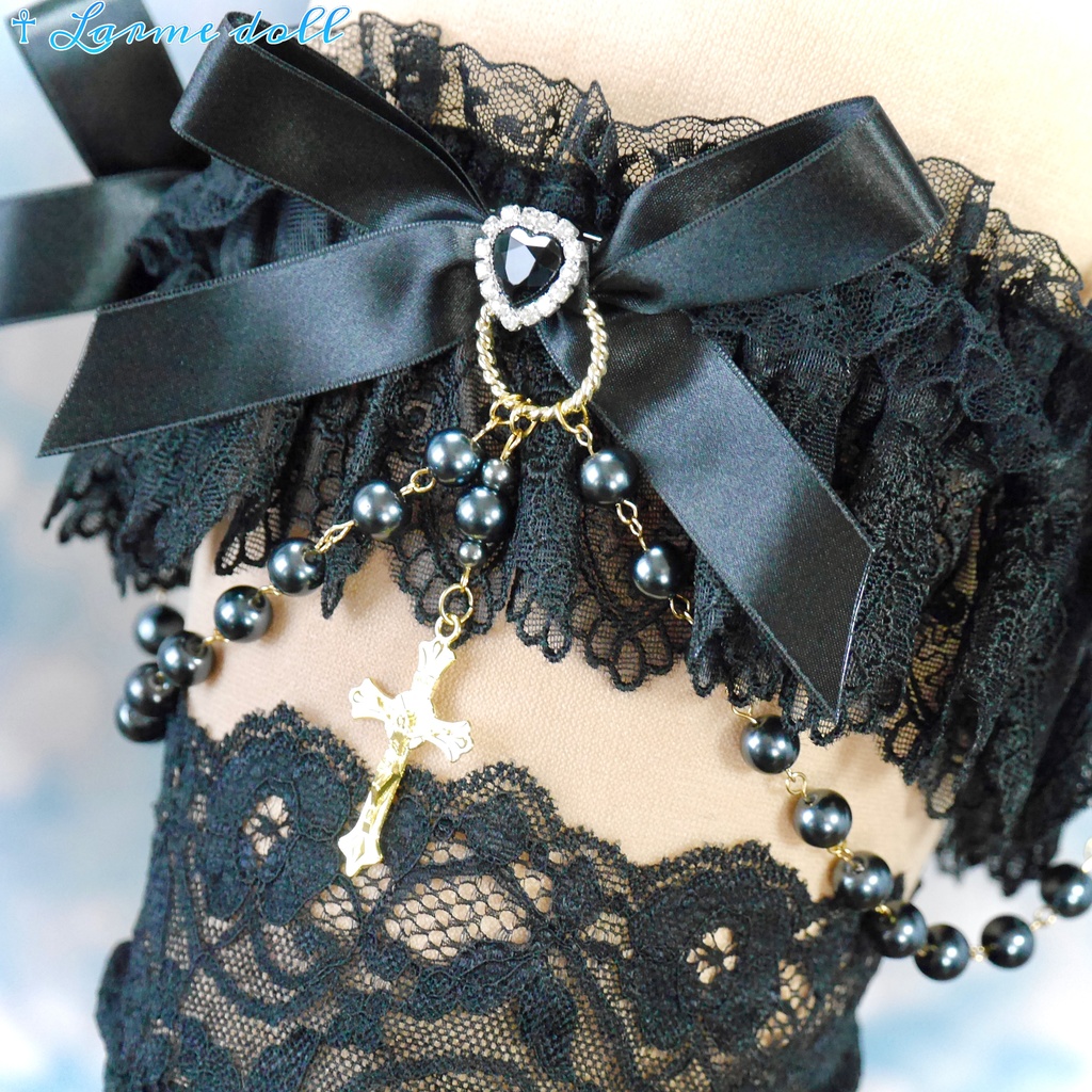 【受注生産】《☥》ロリィタガーターリング ガラス製パールビーズタイプ (黒)