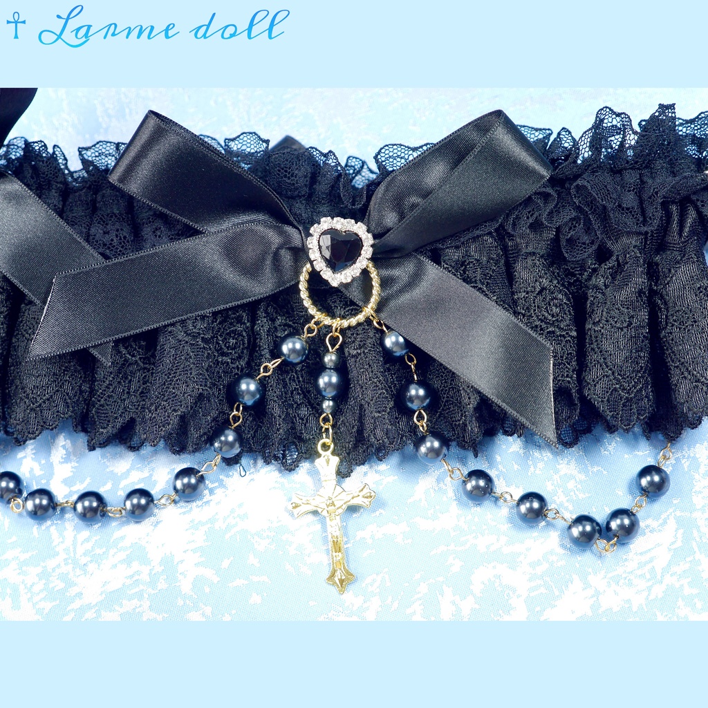 【受注生産】《☥》ロリィタガーターリング ガラス製パールビーズタイプ (黒)