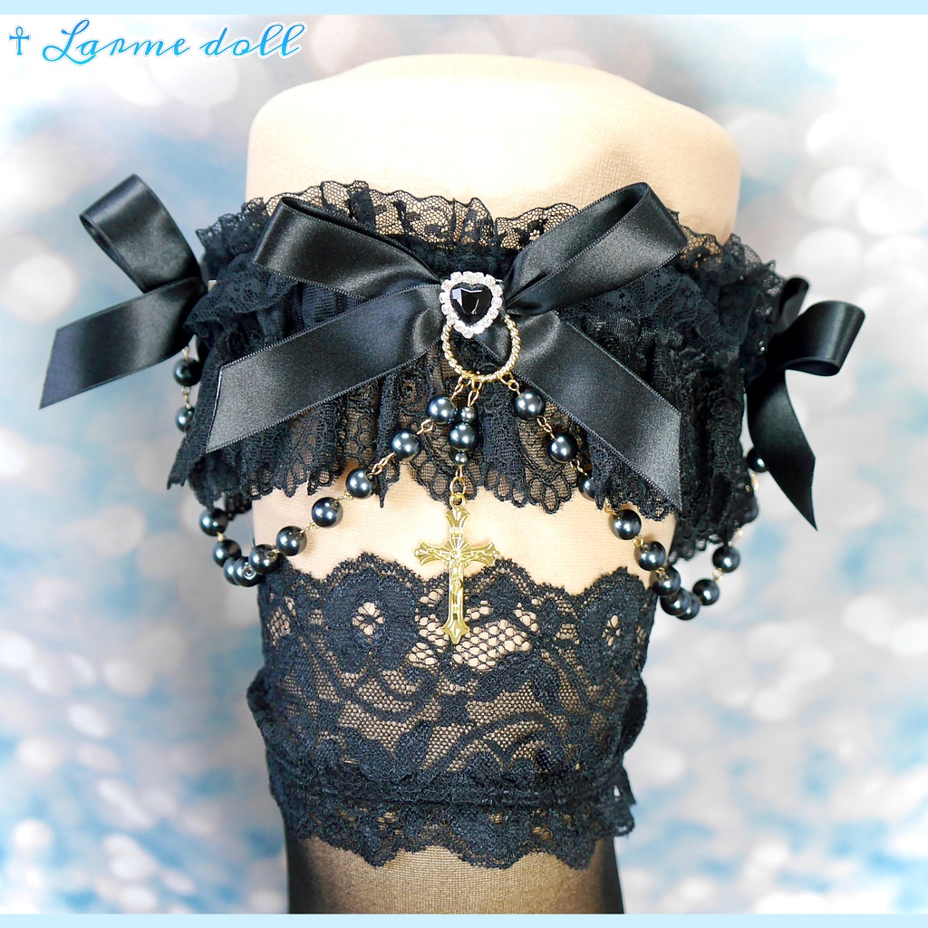 【受注生産】《☥》ロリィタガーターリング ガラス製パールビーズタイプ (黒)