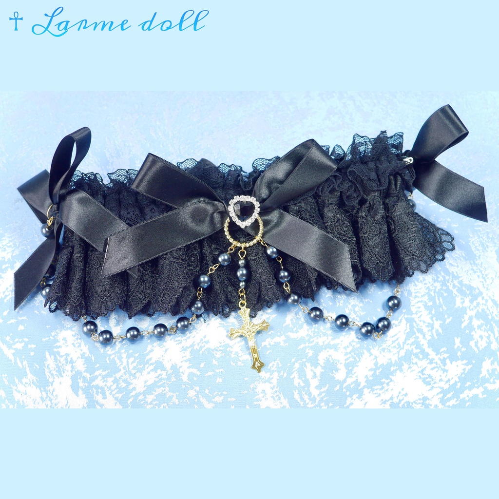 【受注生産】《☥》ロリィタガーターリング ガラス製パールビーズタイプ (黒)