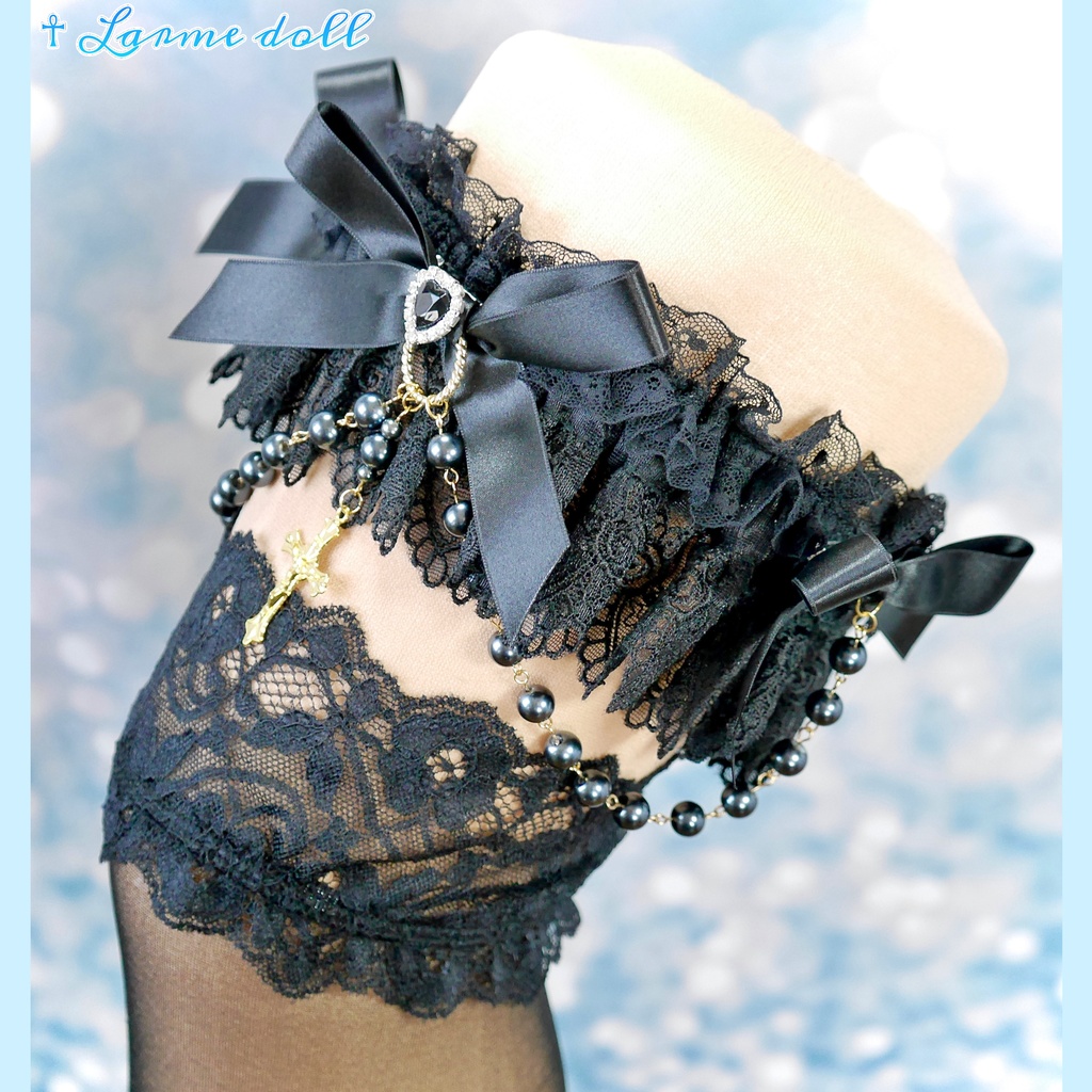 【受注生産】《☥》ロリィタガーターリング ガラス製パールビーズタイプ (黒)