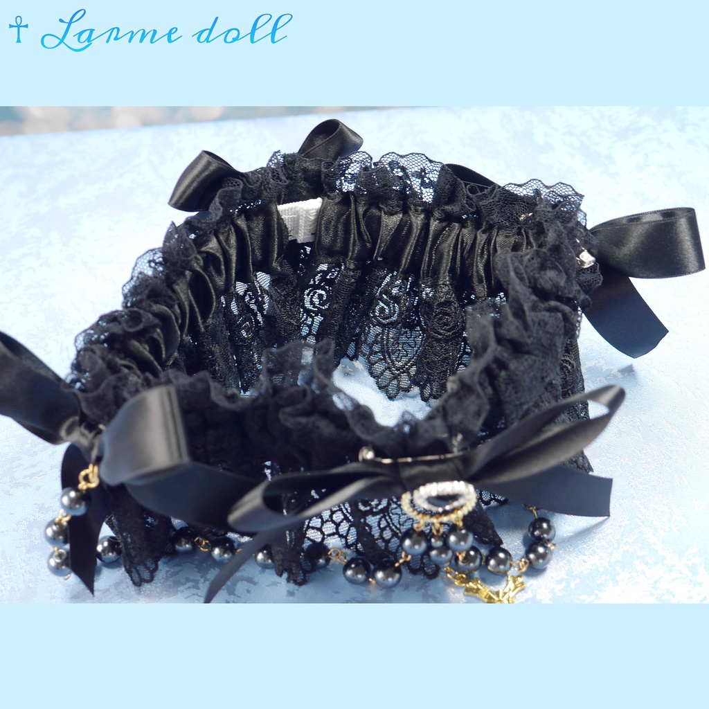 【受注生産】《☥》ロリィタガーターリング ガラス製パールビーズタイプ (黒)