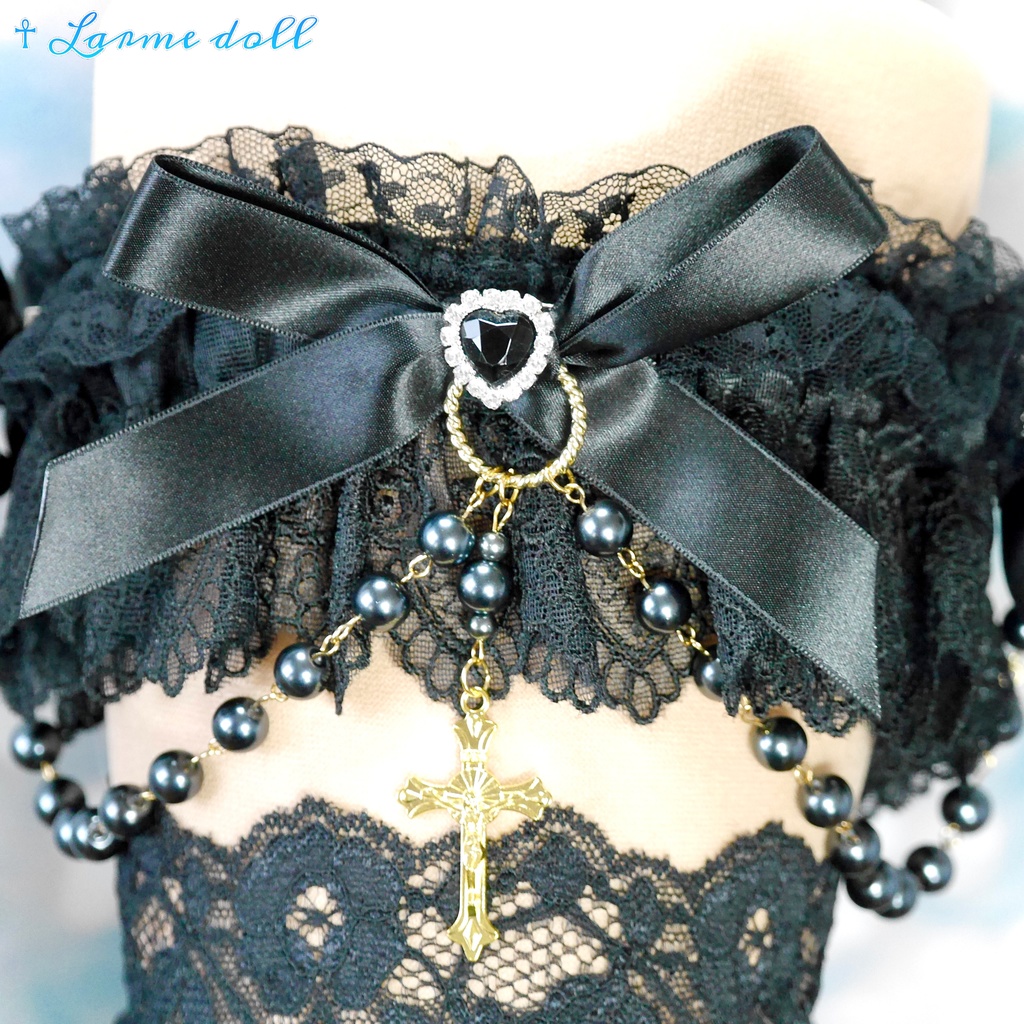 【受注生産】《☥》ロリィタガーターリング ガラス製パールビーズタイプ (黒)