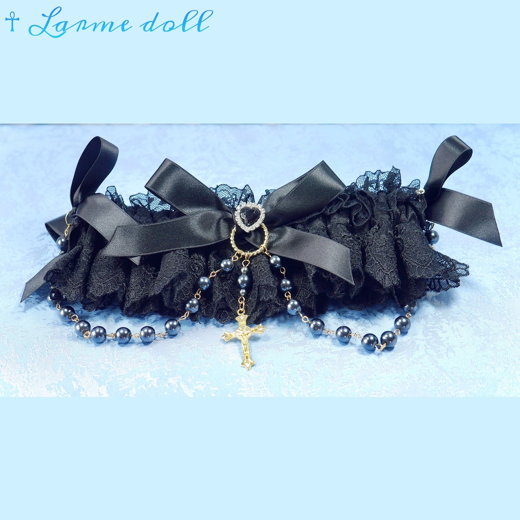 【受注生産】《☥》ロリィタガーターリング ガラス製パールビーズタイプ (黒)