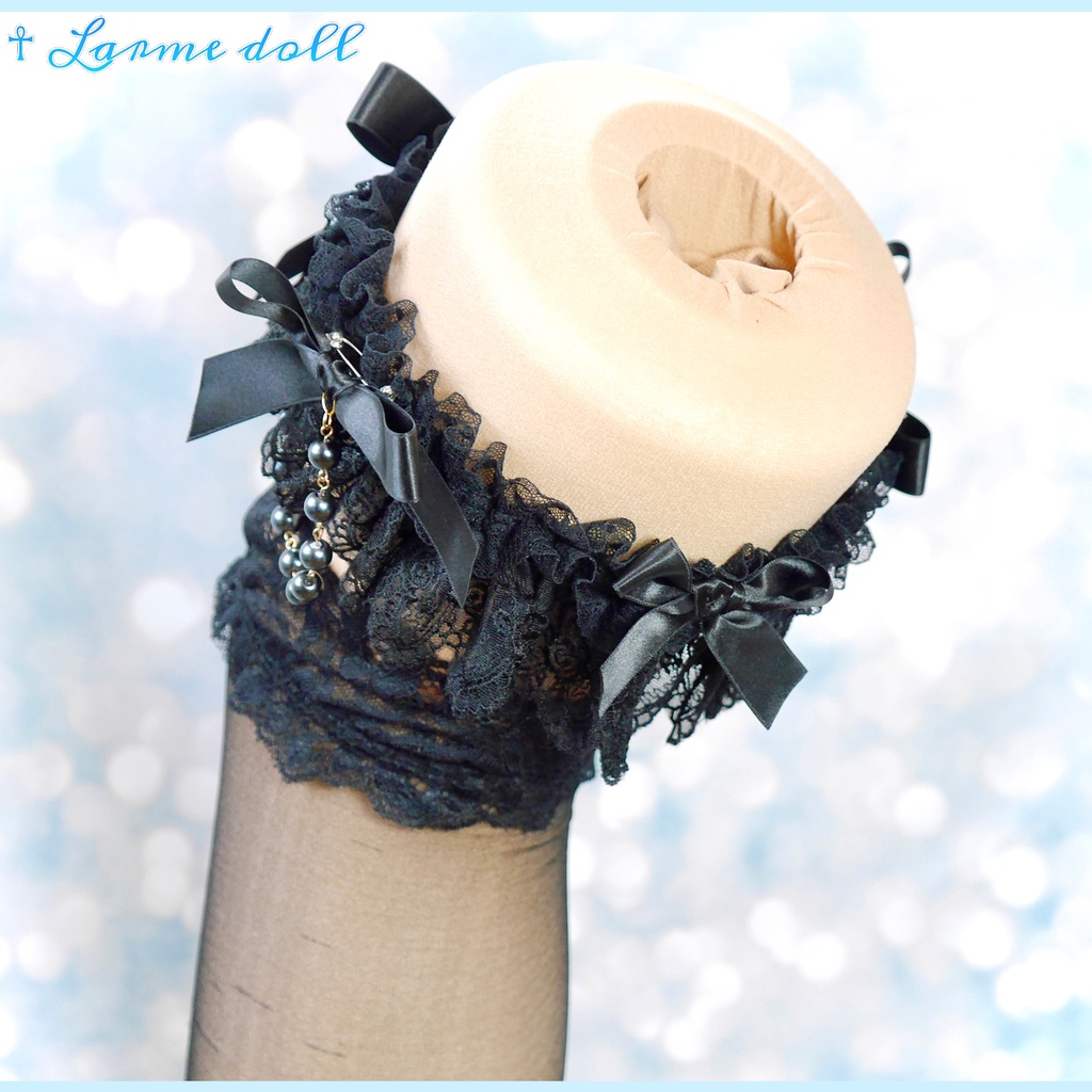 【受注生産】《☥》ロリィタガーターリング ガラス製パールビーズタイプ (黒)