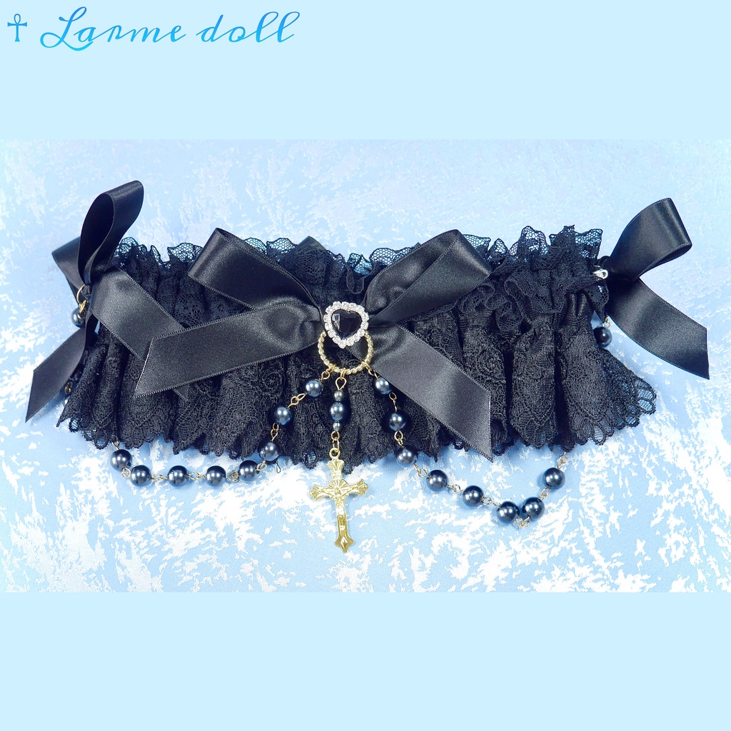 【受注生産】《☥》ロリィタガーターリング ガラス製パールビーズタイプ (黒)