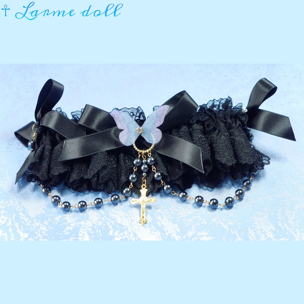 【受注生産】《☥》ロリィタガーターリング ガラス製パールビーズタイプ (黒)