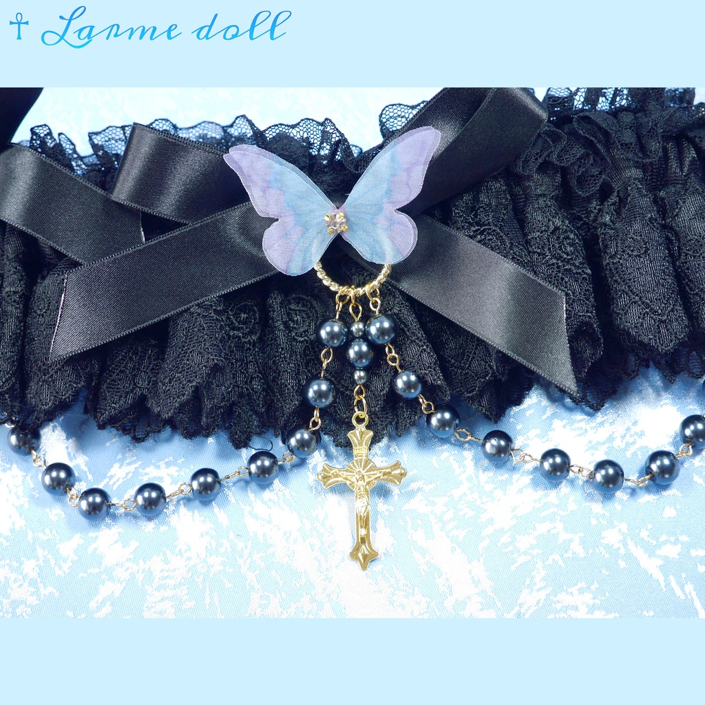 【受注生産】《☥》ロリィタガーターリング ガラス製パールビーズタイプ (黒)