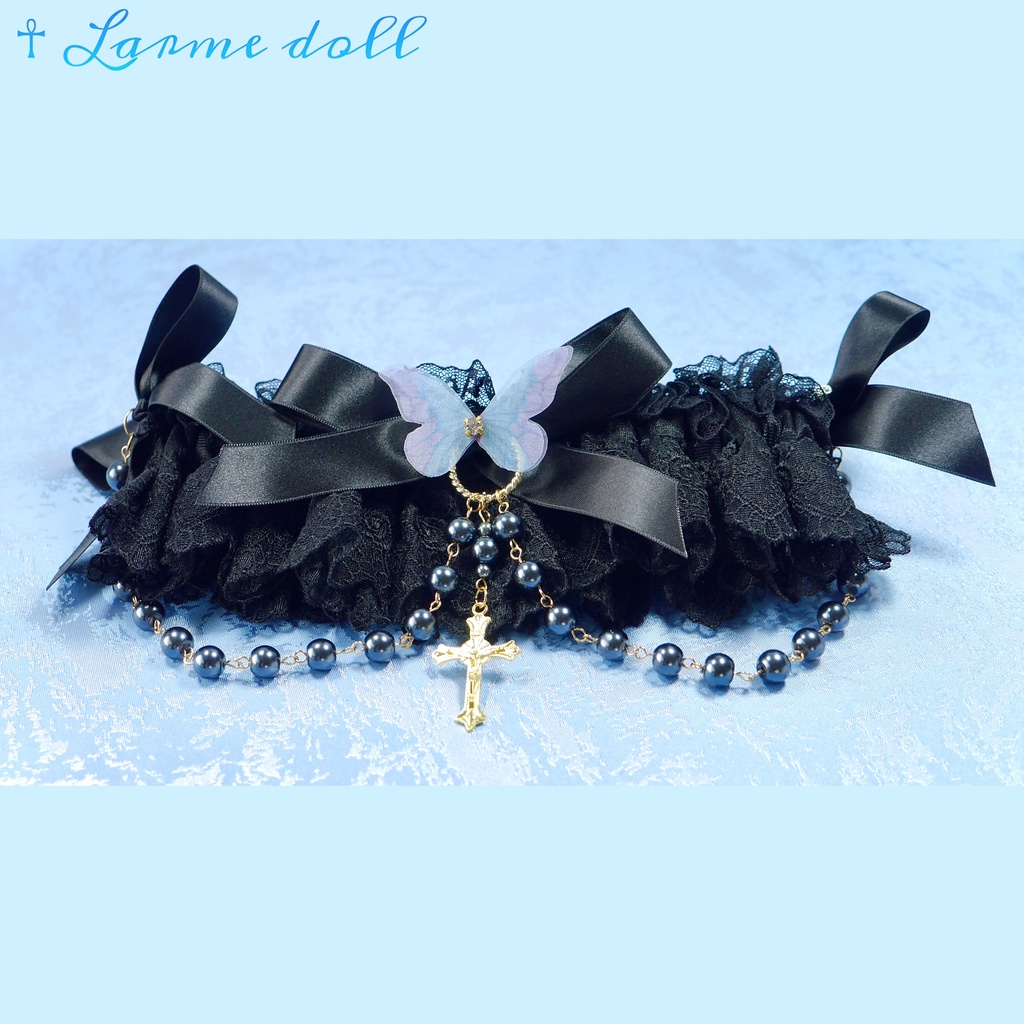 【受注生産】《☥》ロリィタガーターリング ガラス製パールビーズタイプ (黒)