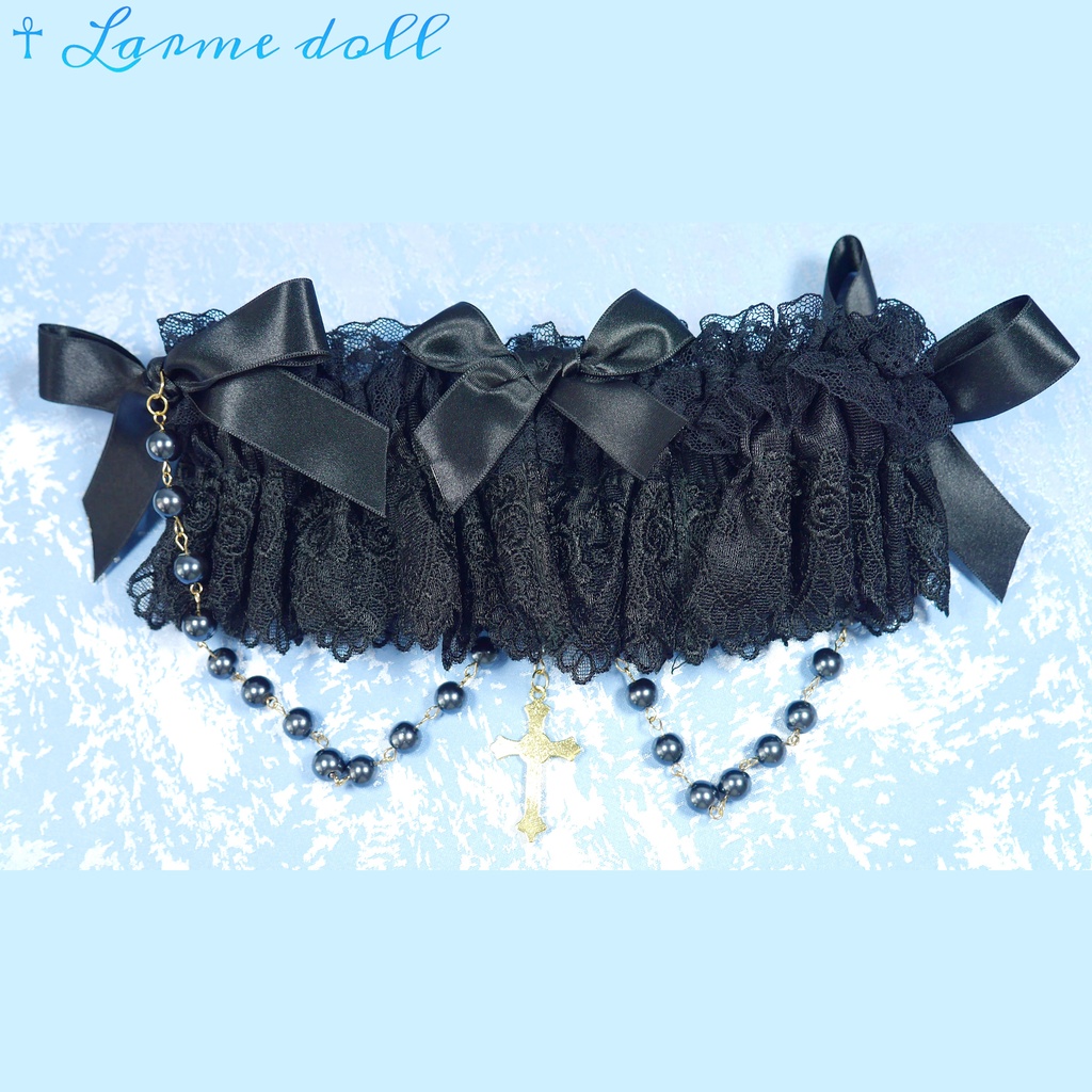 【受注生産】《☥》ロリィタガーターリング ガラス製パールビーズタイプ (黒)