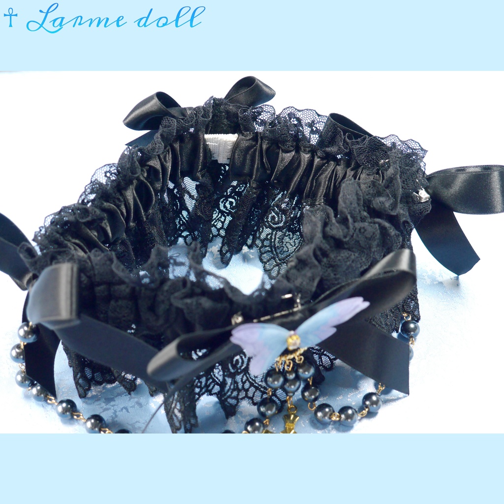 【受注生産】《☥》ロリィタガーターリング ガラス製パールビーズタイプ (黒)