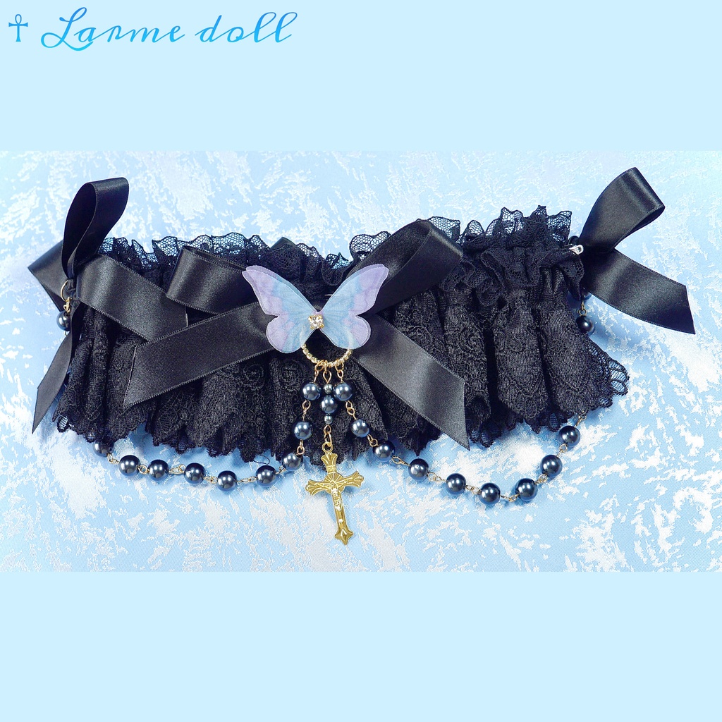 【受注生産】《☥》ロリィタガーターリング ガラス製パールビーズタイプ (黒)