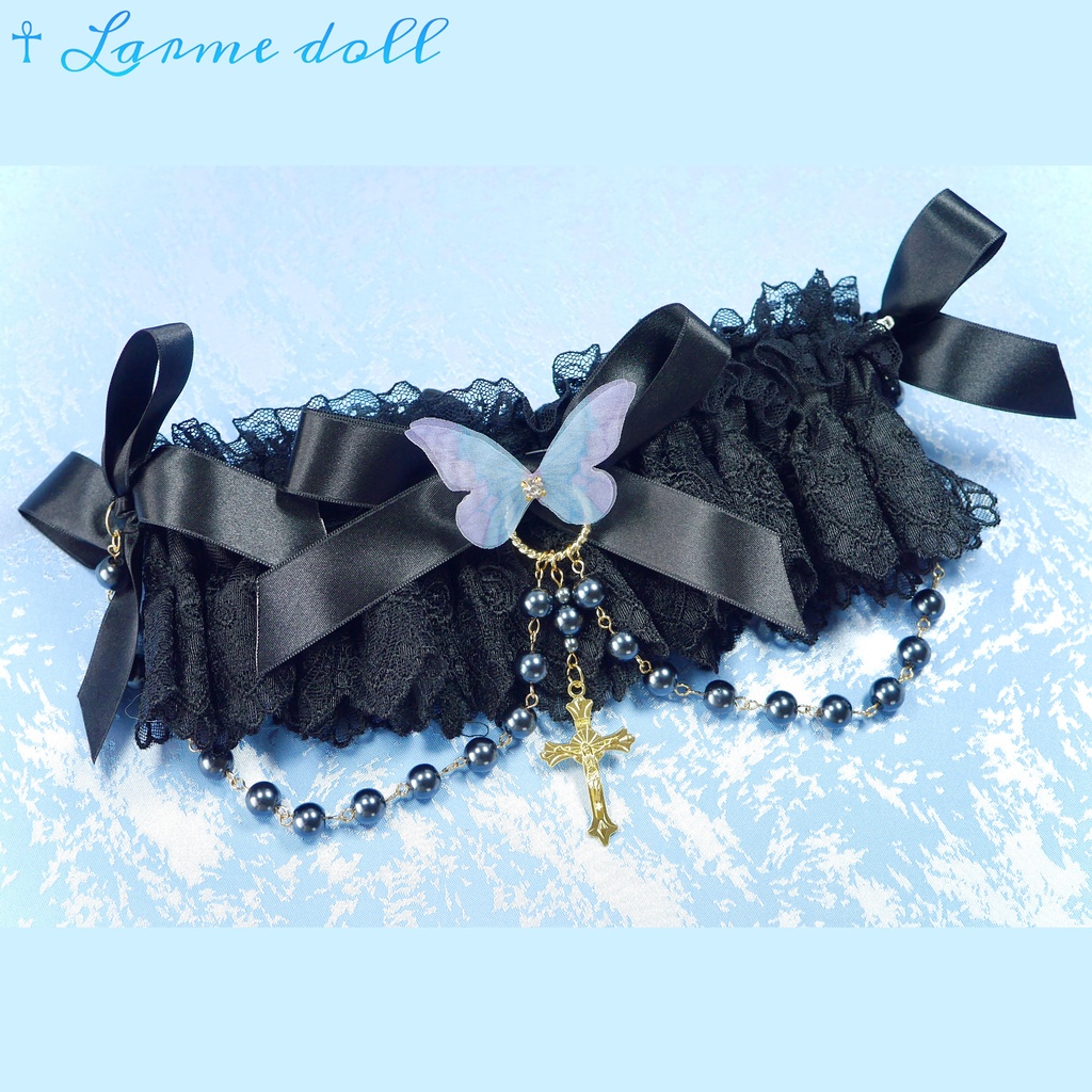 【受注生産】《☥》ロリィタガーターリング ガラス製パールビーズタイプ (黒)