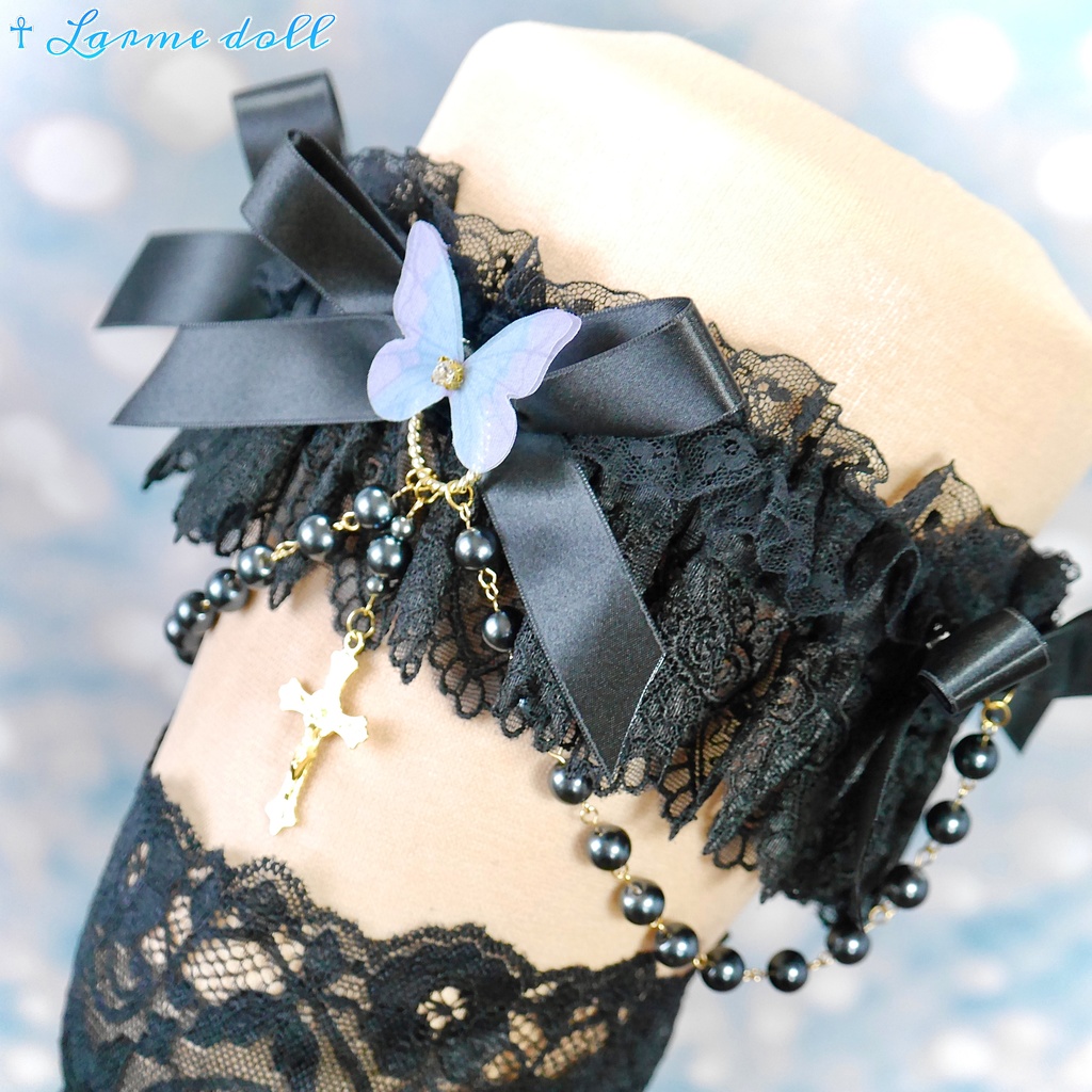 【受注生産】《☥》ロリィタガーターリング ガラス製パールビーズタイプ (黒)