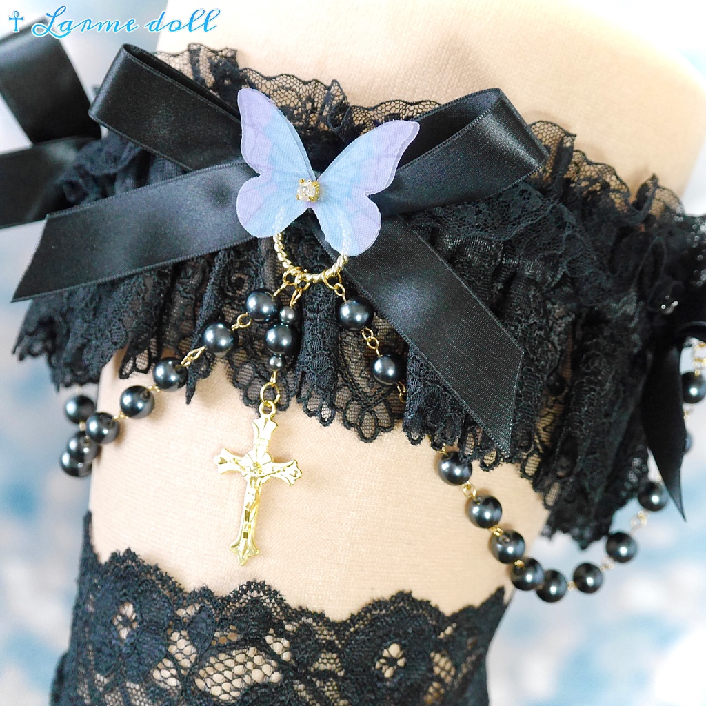 【受注生産】《☥》ロリィタガーターリング ガラス製パールビーズタイプ (黒)