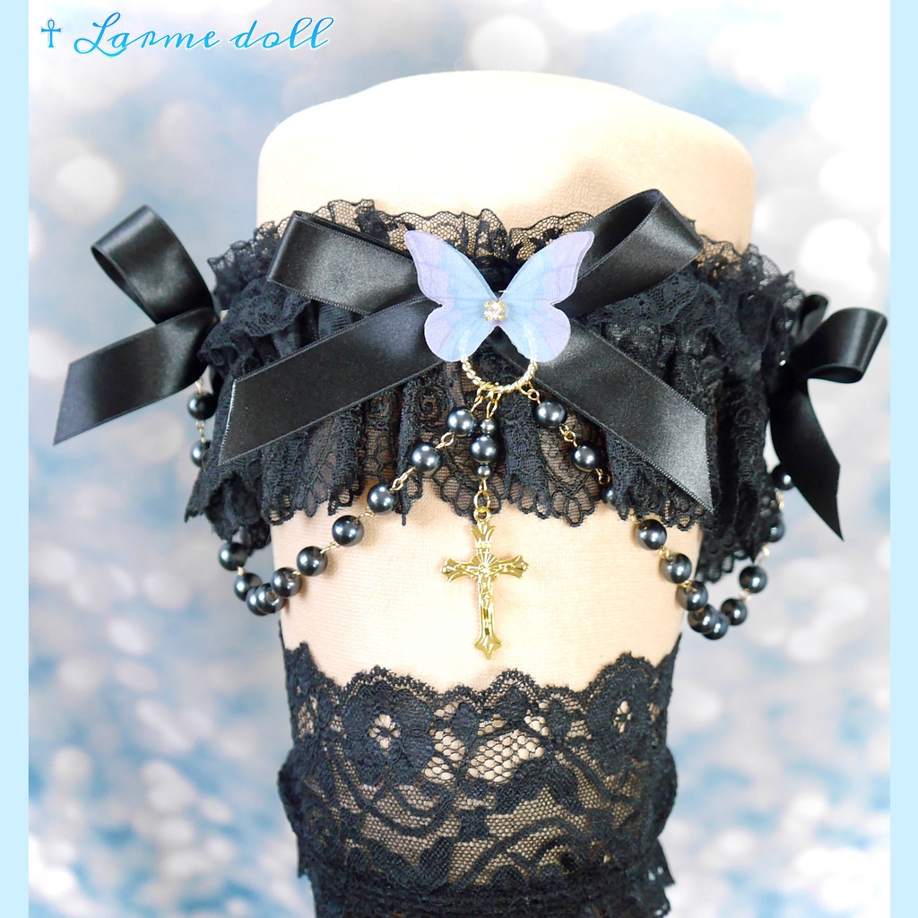 【受注生産】《☥》ロリィタガーターリング ガラス製パールビーズタイプ (黒)