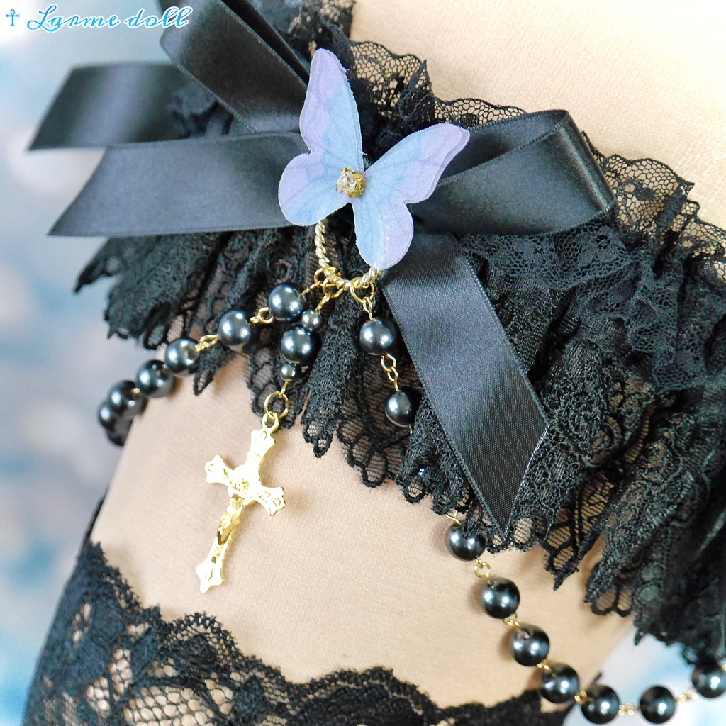 【受注生産】《☥》ロリィタガーターリング ガラス製パールビーズタイプ (黒)