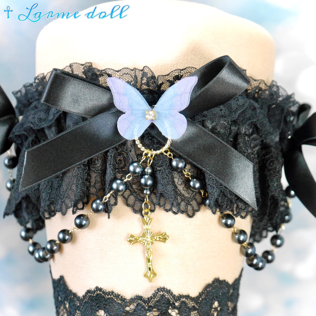 【受注生産】《☥》ロリィタガーターリング ガラス製パールビーズタイプ (黒)