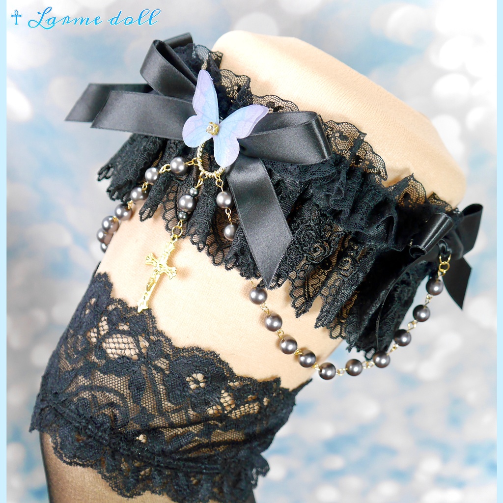 【受注生産】《☥》ロリィタガーターリング アクリル製パールビーズタイプ (黒)