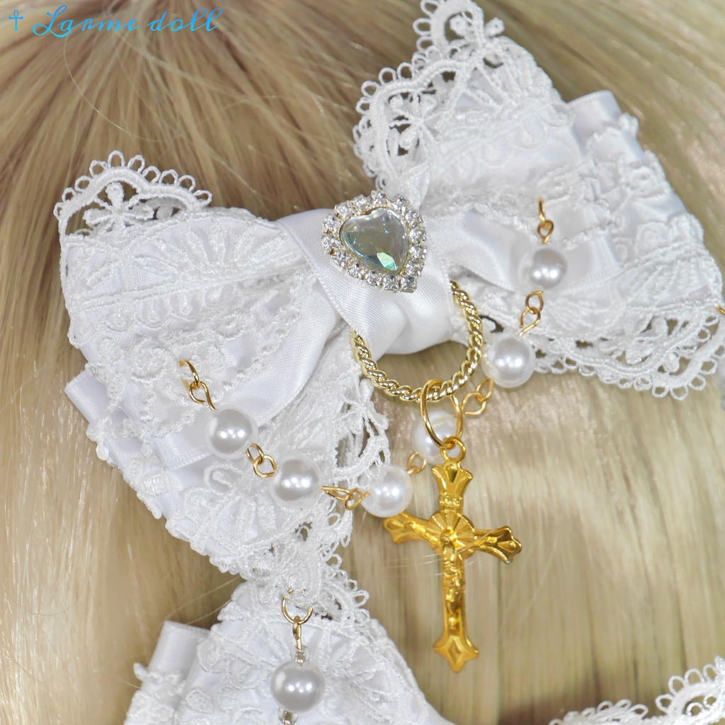 【受注生産】《☥》ロリィタリボンヘアクリップ ガラス製パールビーズタイプ(白)