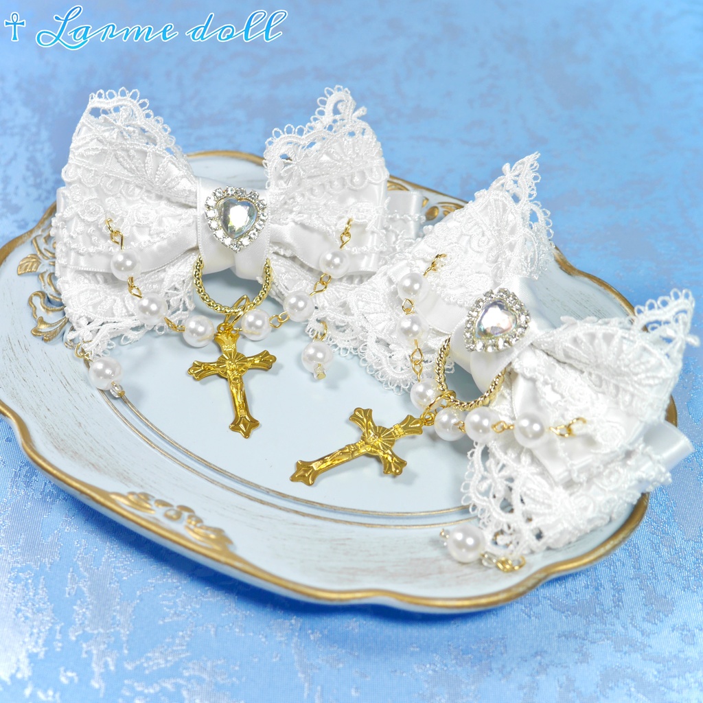 【受注生産】《☥》ロリィタリボンヘアクリップ ガラス製パールビーズタイプ(白)