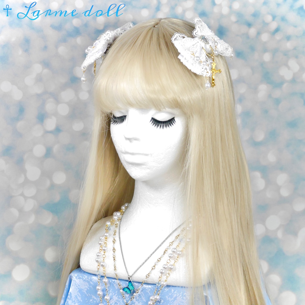 【受注生産】《☥》ロリィタリボンヘアクリップ ガラス製パールビーズタイプ(白)