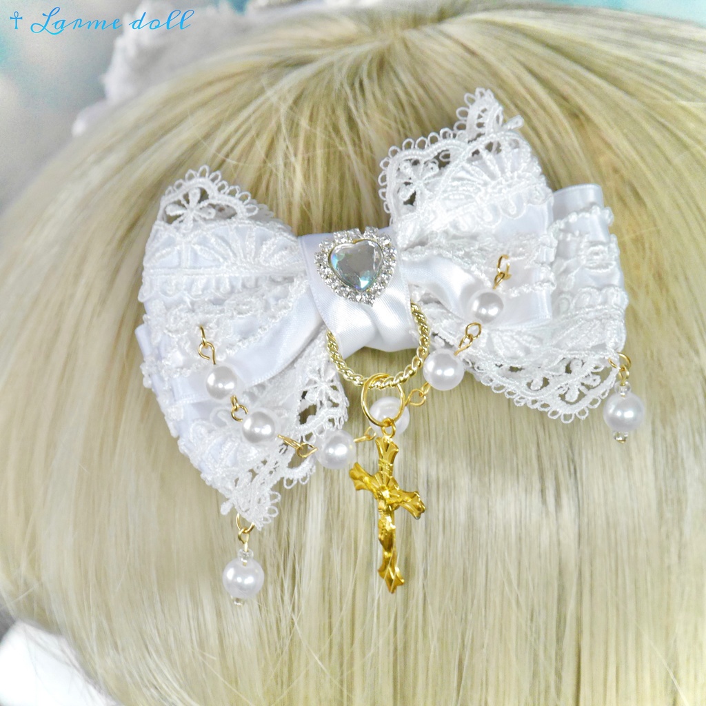 【受注生産】《☥》ロリィタリボンヘアクリップ ガラス製パールビーズタイプ(白)