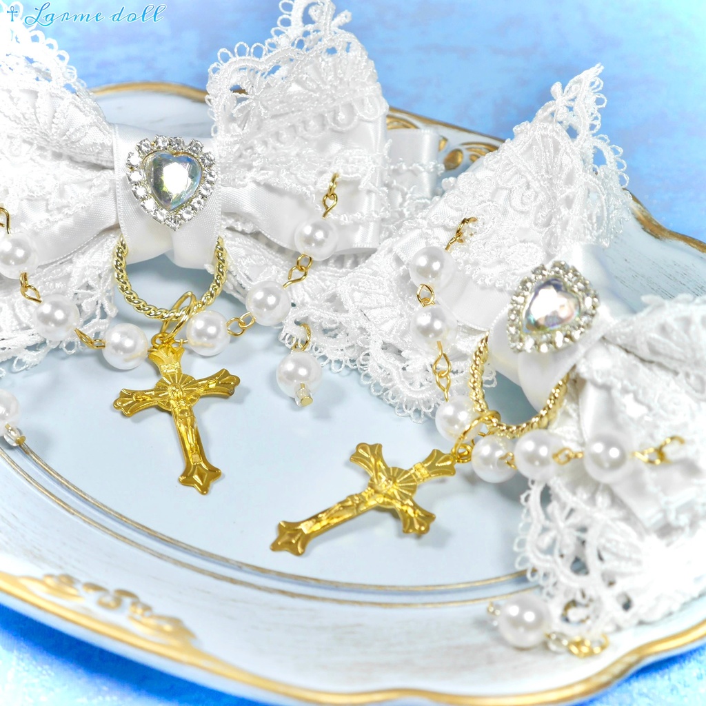 【受注生産】《☥》ロリィタリボンヘアクリップ ガラス製パールビーズタイプ(白)