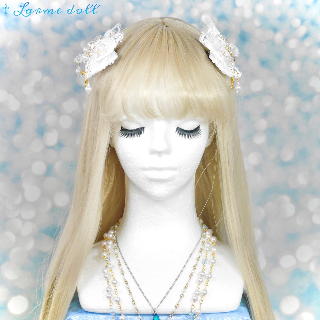 【受注生産】《☥》ロリィタリボンヘアクリップ ガラス製パールビーズタイプ(白)