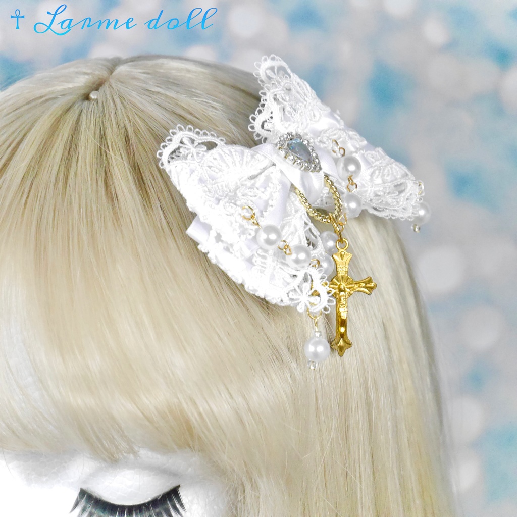 【受注生産】《☥》ロリィタリボンヘアクリップ ガラス製パールビーズタイプ(白)