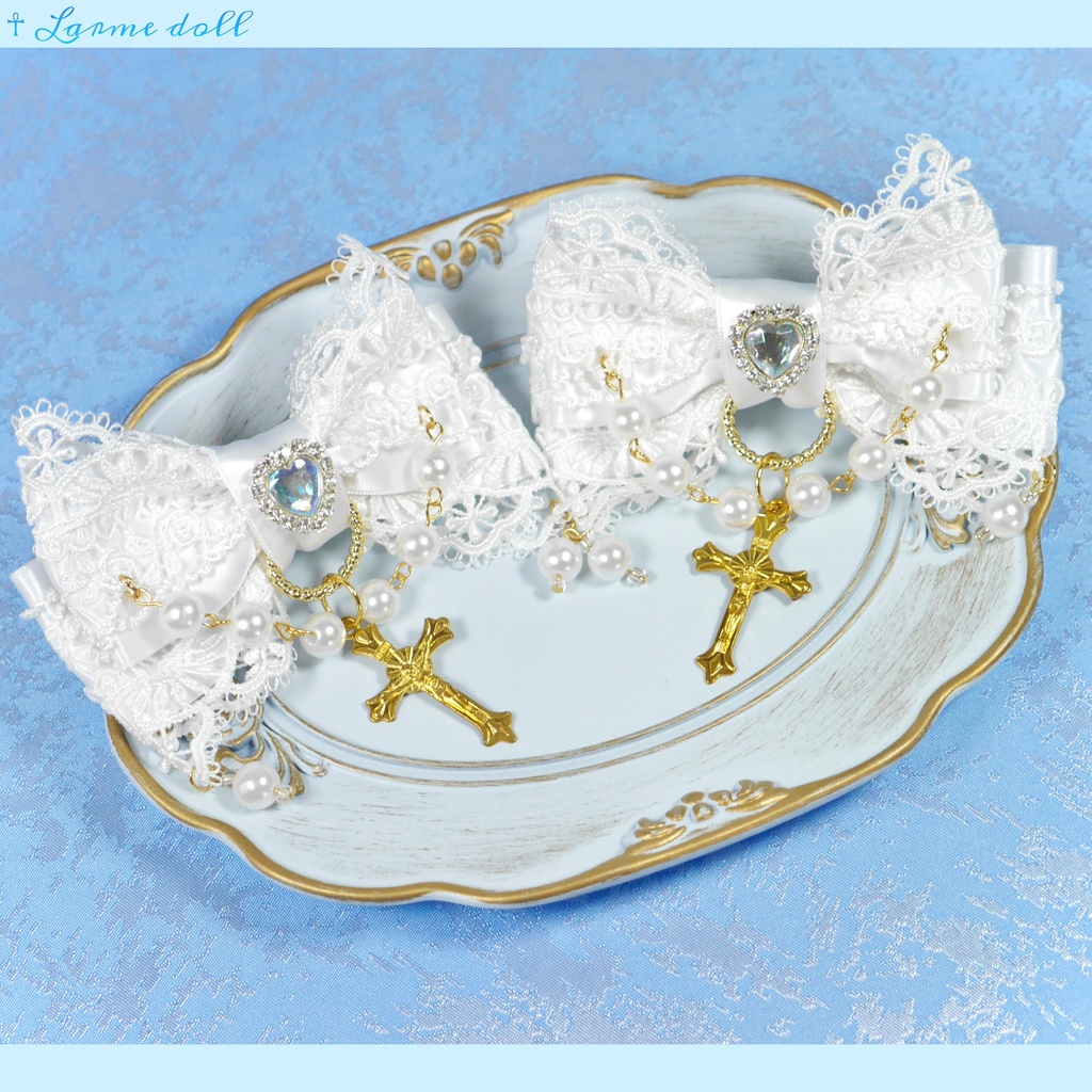 【受注生産】《☥》ロリィタリボンヘアクリップ ガラス製パールビーズタイプ(白)