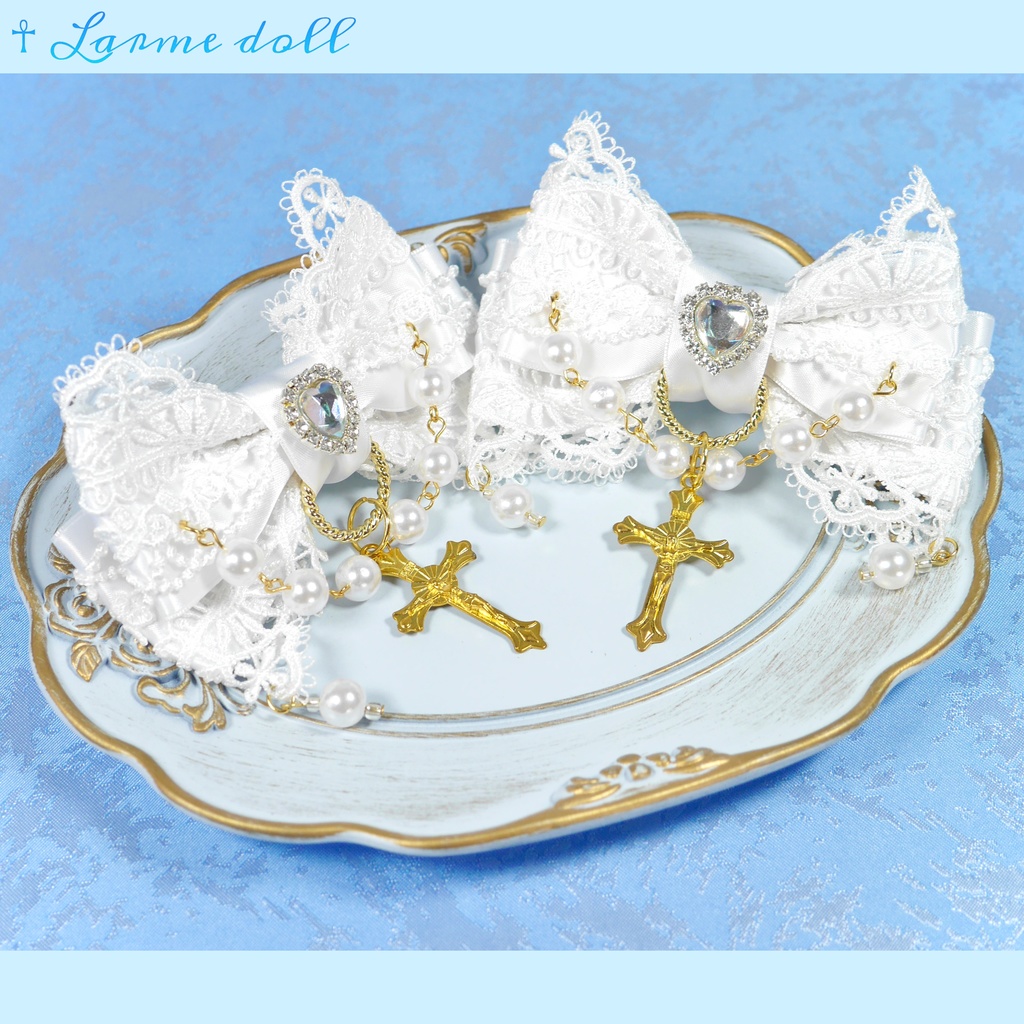 【受注生産】《☥》ロリィタリボンヘアクリップ ガラス製パールビーズタイプ(白)