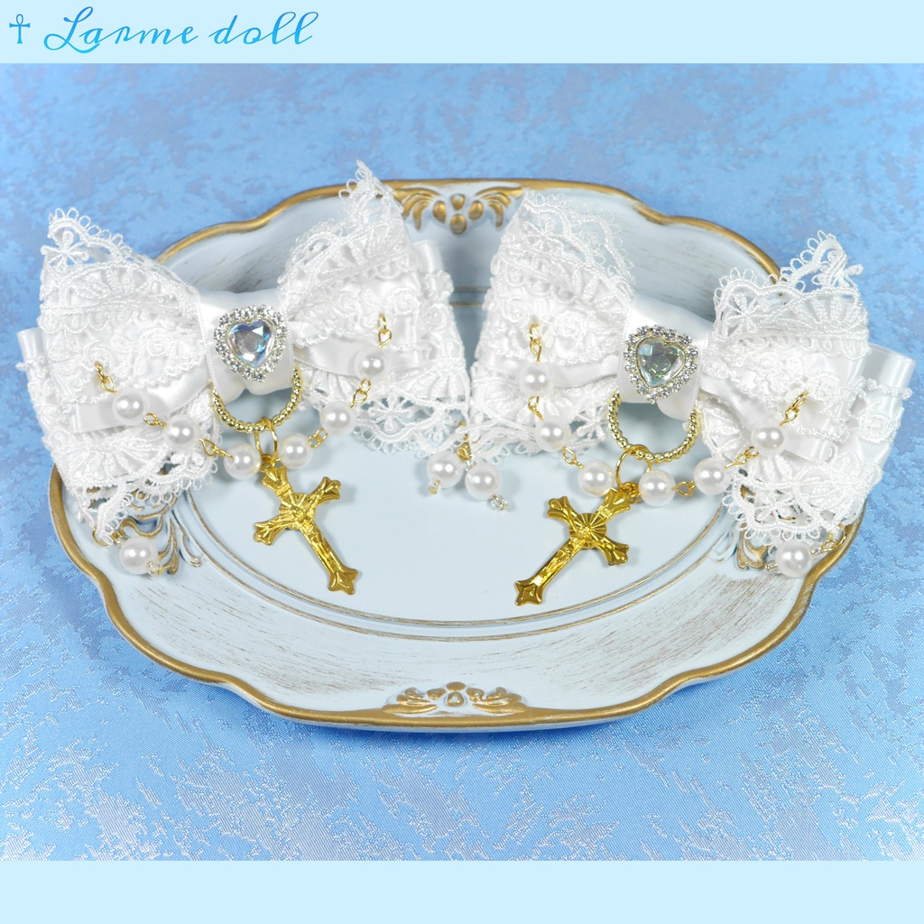 【受注生産】《☥》ロリィタリボンヘアクリップ ガラス製パールビーズタイプ(白)