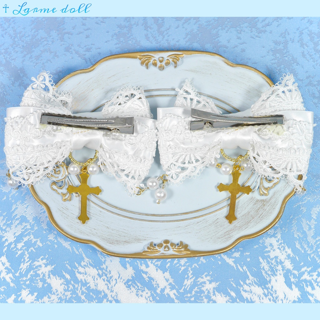 【受注生産】《☥》ロリィタリボンヘアクリップ ガラス製パールビーズタイプ(白)