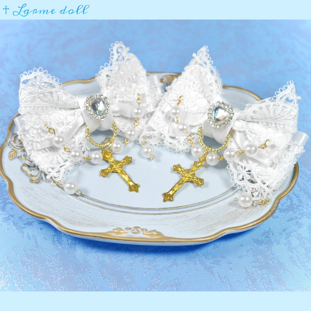 【受注生産】《☥》ロリィタリボンヘアクリップ ガラス製パールビーズタイプ(白)