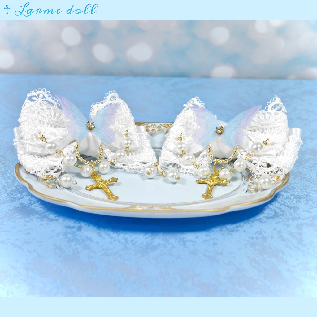 【受注生産】《☥》ロリィタリボンヘアクリップ ガラス製パールビーズタイプ(白)